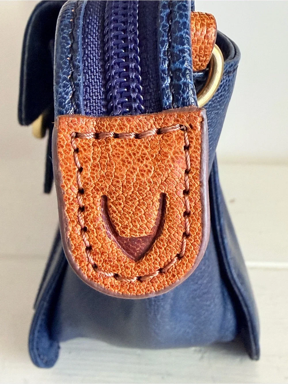 Hidesign Navy Blue Leather Purse Top Handle Satchel Braided Handle Brass accents
